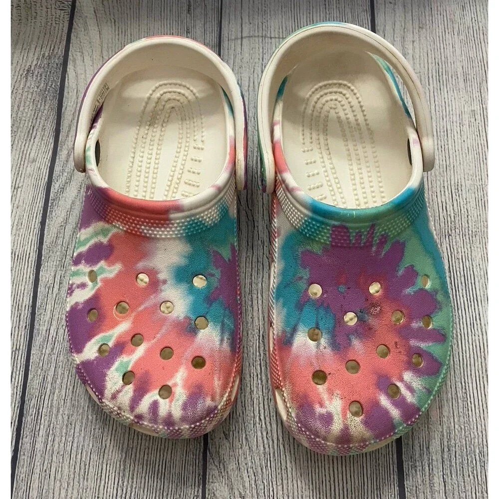 Pastel Rainbow Tie Dye Croc Crocs Girl Sandals Shoes, Size Youth 4